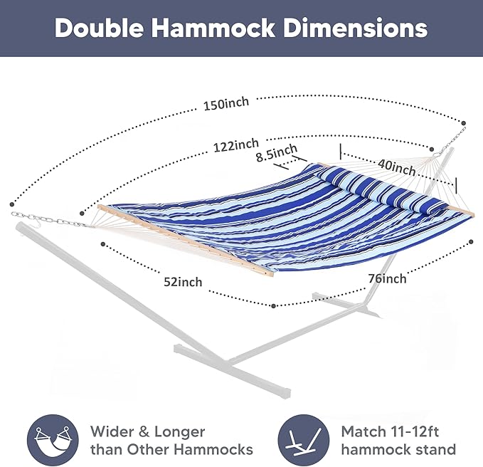 SUNCREAT 2 Person Hammock with Hardwood Spreader Bar Outdoor Rope Hammock with Polyester Pad 475 lbs Capacity Blue Stripes