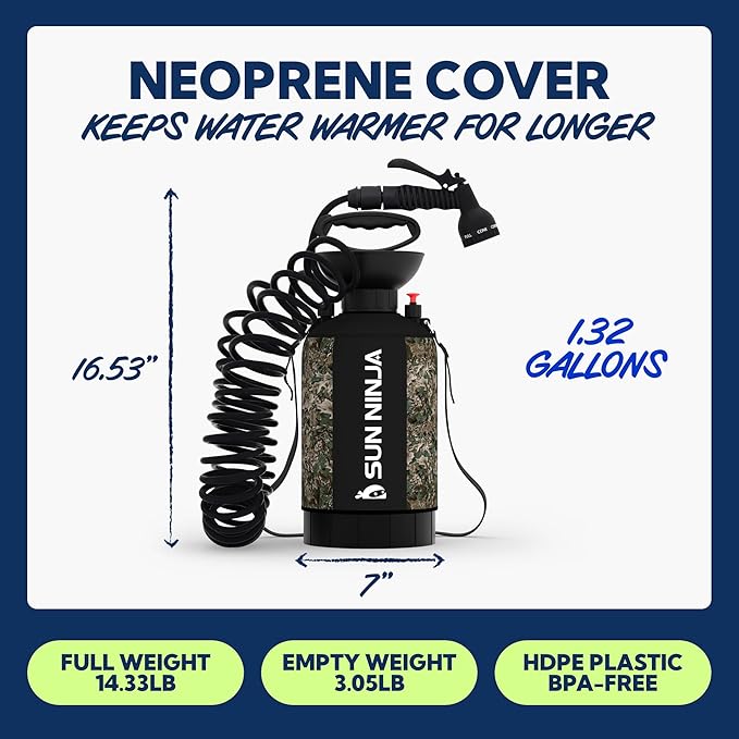 SUN NINJA Portable Shower Camping Shower with 7 Mode Shower Head Neoprene Cover Helps Keep Water Warm High Pressure Hose Easy to Carry