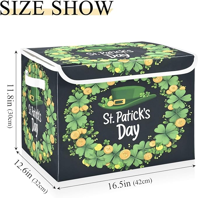 Doodle St. Patrick's Day Pattern Foldable Storage Baskets Fabric Boxes with Handle Organizers with Flip-Top Lids Storage Bins for Home Bedroom Office