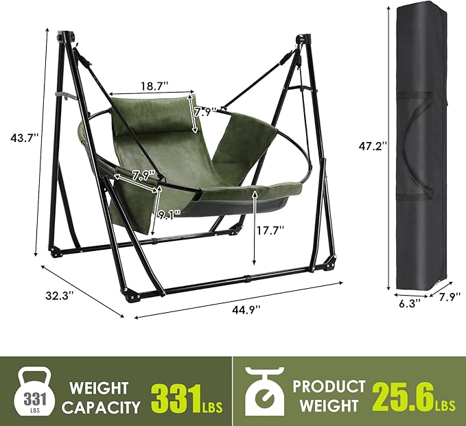Arlopu 3 in 1 Portable Hammock with Steel StandFoldable PU Leather Swing Chair6-Level Standing Hammocks Included Carrying BagSide PocketPillowfor OutsideIndoorYardGardenPatioCamping(Green)