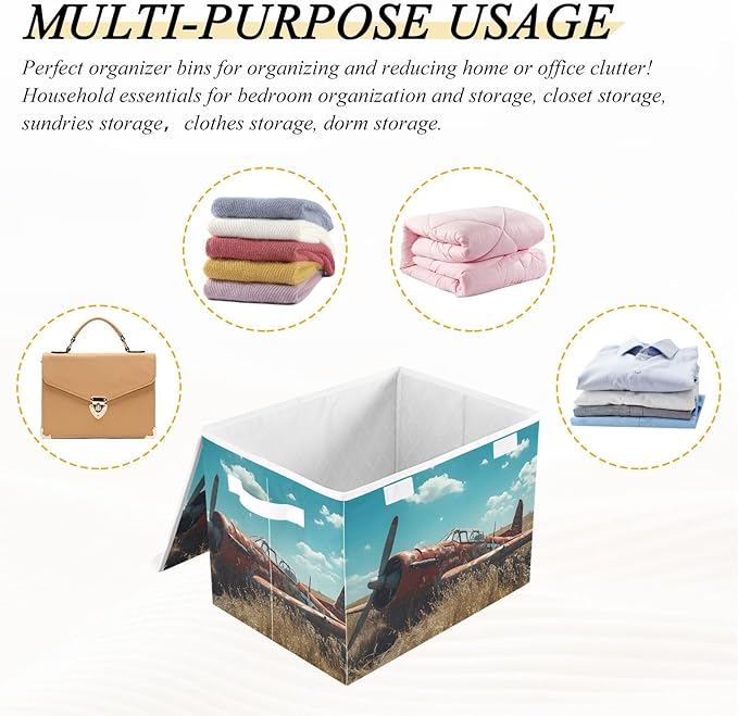 AIXIWAWA Lidded Storage Cube (Retro Plane) Fabric Foldable Closet Bins with Flip Lid and Handles Organizer Basket Container 16.5 x 12.6 x 11.8 IN