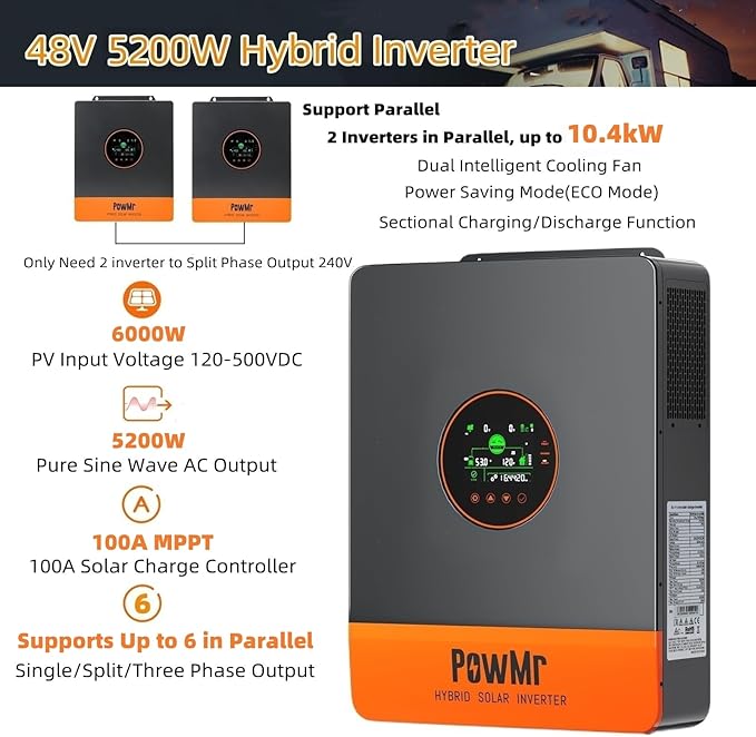 PowMr 5200W Hybrid Solar Inverter 48V DC to 110V/120V AC Split Phase Inverter with 100A MPPT Controller Max PV Input 6KW 500VDC Supports Up to 6 in Parallel for Lead Acid Lithium Battery