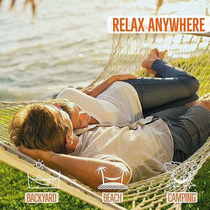 Castaway Living 13 ft. Double Traditional Hand Woven Navy Polyester Rope Hammock – 2-Person 450 lb Capacity Free Extension Chains &amp Tree Hooks Designed in The USA