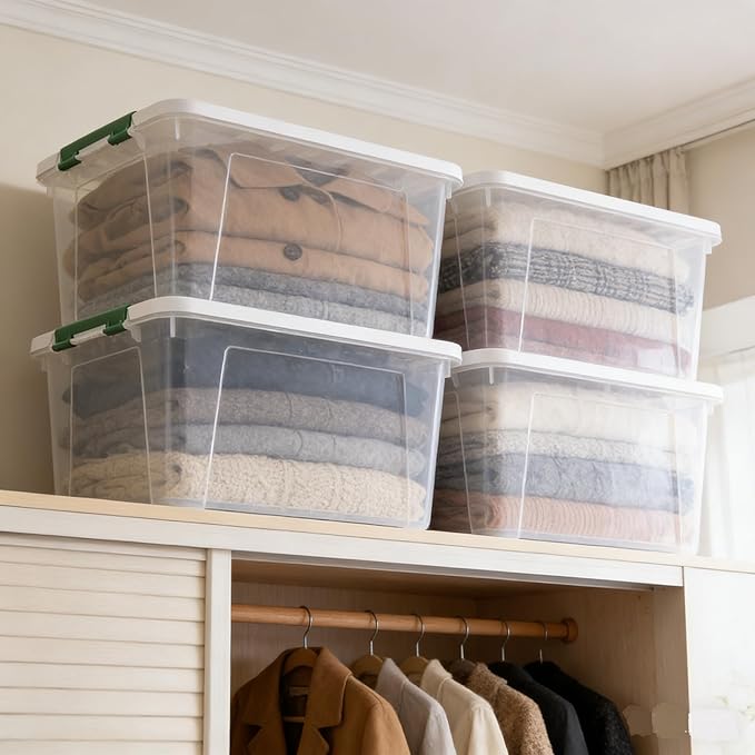 85 Quart Plastic Storage Bin Stackable and Nestable Storage Boxes with Lids and Secure Latching Buckles Large Storage Container for Home Office Garage (Clear 85QT-4Pack)
