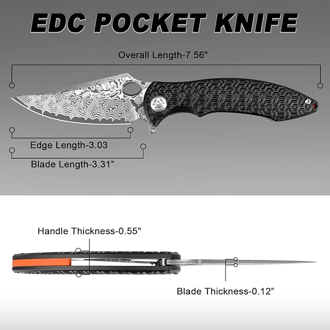 Zingbee Pocket Knife for EDC Damascus Pocket Knife with Black Aluminum Handle 3.3 Damascus Blade Pocket knives &amp Folding Knives