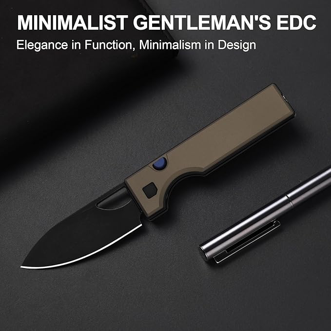 Kizer Little Ringbo Pocket Knife 2.95 AEB-L Steel Drop Point Folding Knife with Brown Aluminum Handle Thumb Hole Opener Button Liner Lock EDC knives for Camping Hiking V3708A2