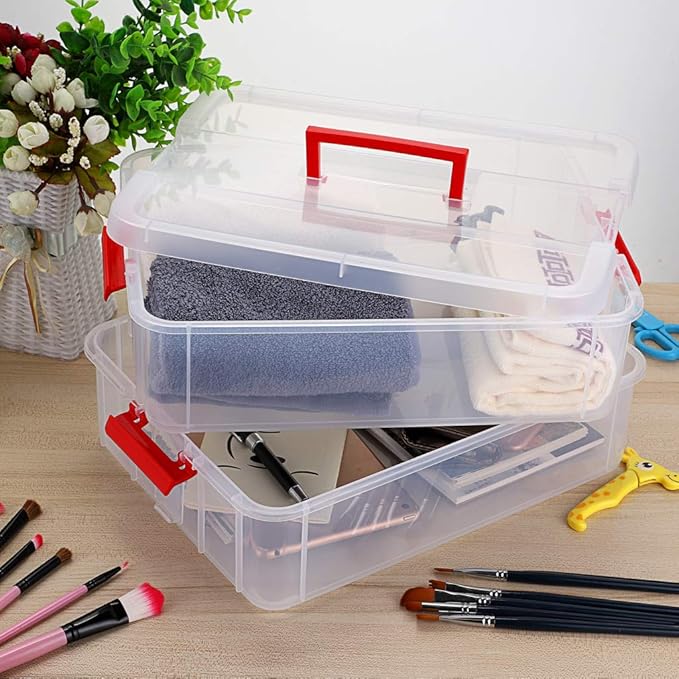 JUXYES 2-Tiers Stack Carry Storage Box With Handle Transparent Stackable Storage Bin With Handle Lid Latching Storage Container for School &amp Office Supplies (Red)