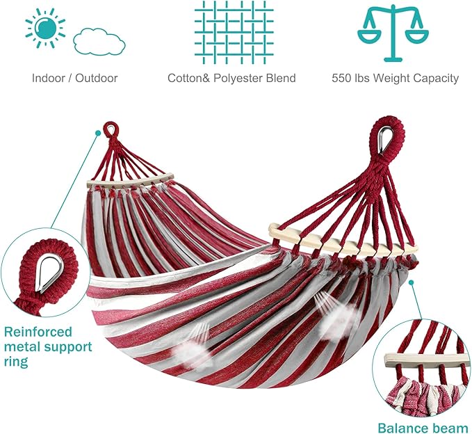 MOSFiATA Hammocks Portable Camping Hammock Upgraded 550lb Thickened Fabric Single Hammocks with Two Anti Roll Balance Beam and Tree Straps for Camping Patio Backyard Outdoor(Red White)