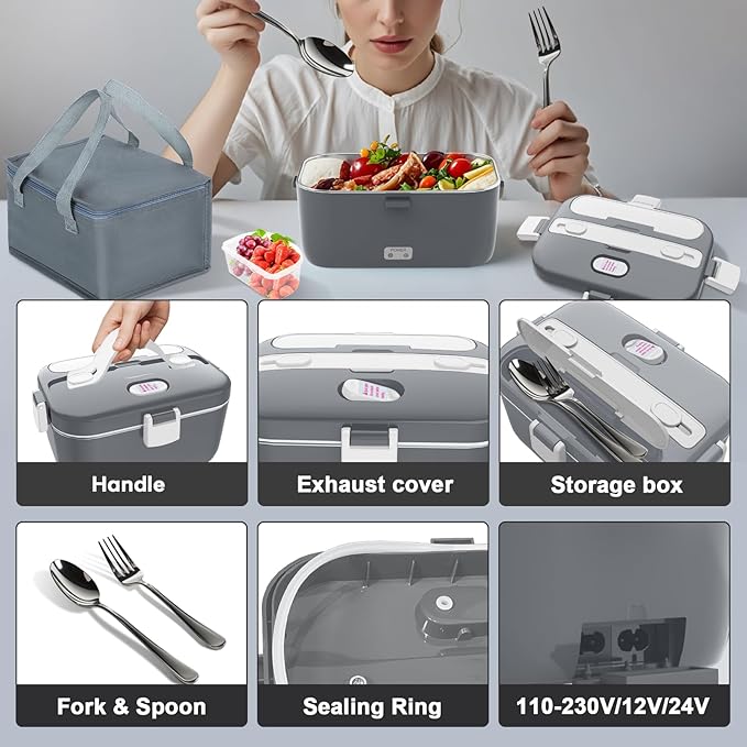 DUPASU Electric Lunch Box Food Warmer: 100W Heated Lunch Box for Adults 1.8L Portable Fast Heating Lunchbox Food Heater for Car Truck Work Travel Lonchera Elctrica Porttil 12/24V/110-230V