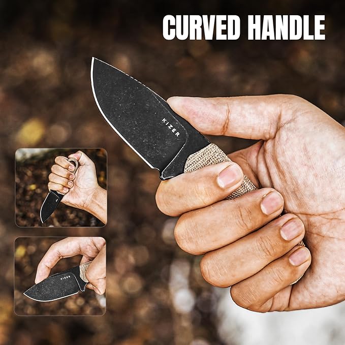 Kizer Beaver Fixed Blade Knife with Sheath 2.75 D2 Steel Blade EDC Fixed Blade Camping Knife with Brown Micarta and Black G10 Handle Small Bushcraft Survival Hunting Knives for Men Women 1078M2