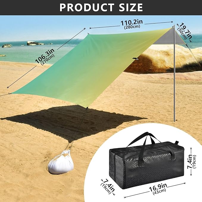 Turquoise Yellow Gradient Stable Beach Tent UPF50+ Water-Resistant Sun Shelter with Sturdy Poles Sandbags and Shovel for Camping Picnics Backyard
