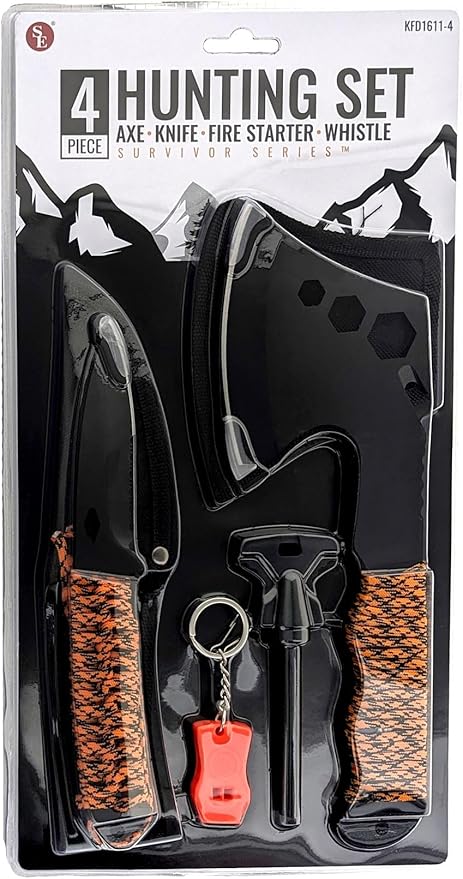 SE 4-Piece Survival Essentials Kit with 10.5-Inch Axe 8-Inch Drop Point Knife Magnesium Fire Starter &amp 115dB Whistle - Hunting &amp Outdoor Gear