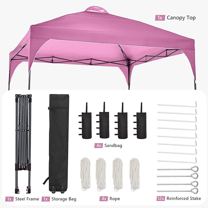 GDY 12X12 Pop Up Canopy Tent Outdoor Canopy Tent Commercial Instant Gazebos Portable Shelter Canopies for Patio/Outdoor/Wedding Parties and Events Pink.