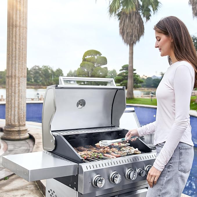 MELLCOM Stainless Steel 4 Burner BBQ Propane Gas Grill with Cast Iron Grates &amp Side Stove Stainless Steel 44000 BTU Burner Barbecue Grill for PatioCamping Outdoor Cooking