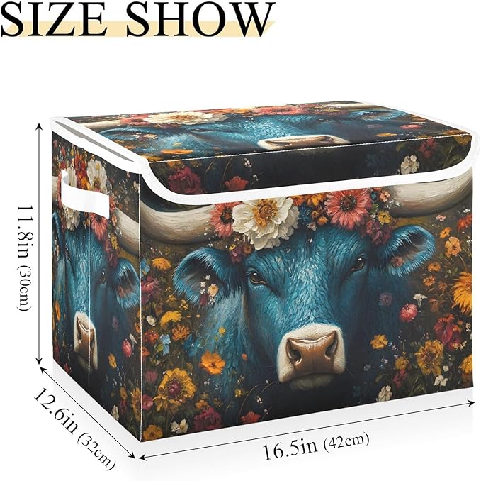 AIXIWAWA Lidded Storage Cube (Cow Flowers) Fabric Foldable Closet Bins with Flip Lid and Handles Organizer Basket Container 16.5 x 12.6 x 11.8 IN