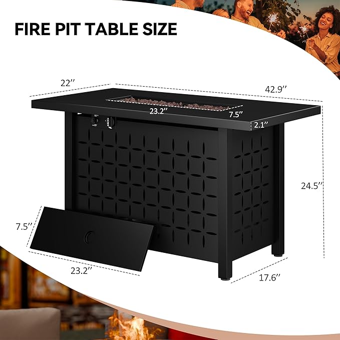 Vongrasig 43 Gas Fire Pit for Outside 50000 BTU Outdoor Propane Fire Pit Table with Lid &amp Lava Rock Steel Rectangular Fire Table for Patio Backyard Deck Garden Black