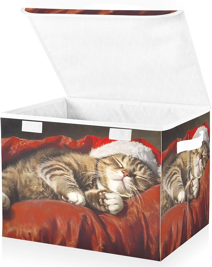 Storage Cube with Lid Sleeping Christmas Cat Print 16.5×12.6×11.8 IN Collapsible Large Capacity Foldable Storage Basket Bin Organizer