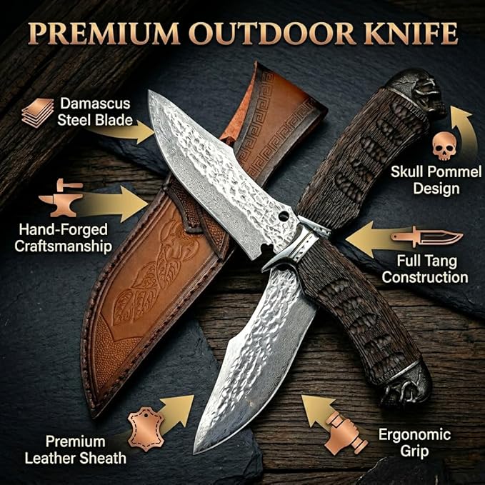 12.7 Mirror Polished Fixed Blade Survival Knife with Genuine Leather Sheath - High Hardness Stainless Steel Outdoor Knife - Artisan Resin Handle Utility Tool for Camping Hiking &amp Bushcraft