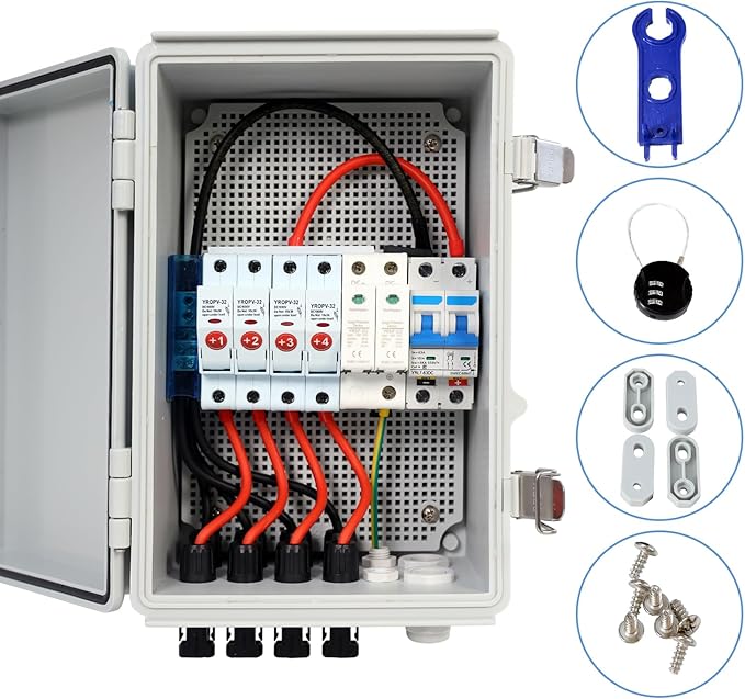 Solar 4 String PV Combiner Box with Lightning Arreste 15A Rated Current Fuse and 2P 63A Circuit Breakers for On/Off Grid Solar Panel System (4 String PV Combiner Box)