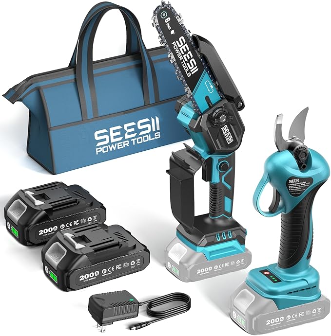 SEESII Mini Chainsaw &amp Electric Pruning Shears Combo 6-inch Brushless Handheld Power Chain Saw 1.2” Cutting Cordless Pruner for Tree Trimming Tools Kit with 2x2000mAh Batteries Fast Charger