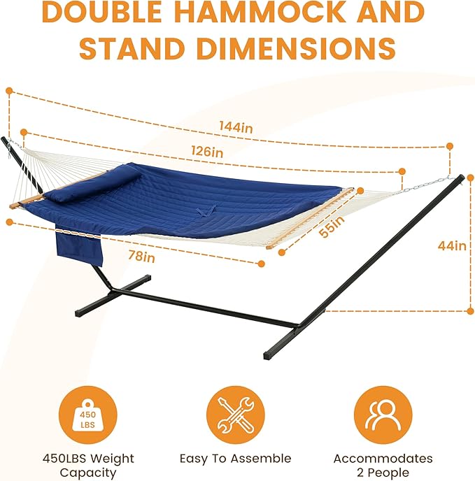 Lazy Daze Hammocks 2 Person Portable Hammock with 12FT Stand 10.5FT Double Hand Woven Cotton Rope Hammock with Detachable Quilted Pad &amp Pillow for Outside 450lb Capacity Navy Blue