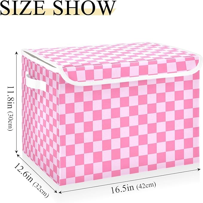 Collapsible Storage Bins with Lids Decorative Fabric Storage Cubes Closet Organizer and Storage Basket Boxes Containers for Clothes Box Chest Nursery Folding Rectangle Checkered Pink
