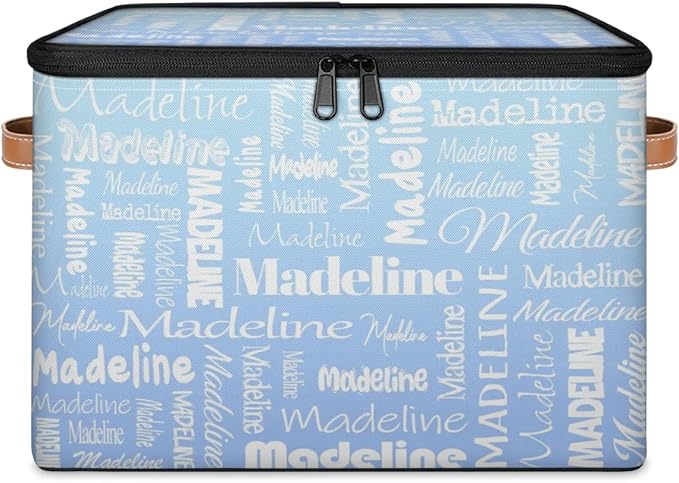 Custom Storage Basket with Name Personalized Keepsake Box with Zipper Lid Foldable Fabric Memory Bin Large capacity with Handle White Blue