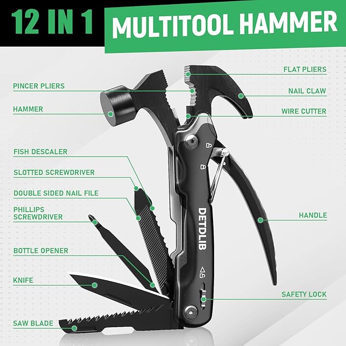 DETDLIB12-in-1 Multitool Hammer Birthday Gifts for Men Essential for Camping Hiking Cool Gadget Gifts for Men. Women Dad Him Husband Father Mechanic Boyfriend Black
