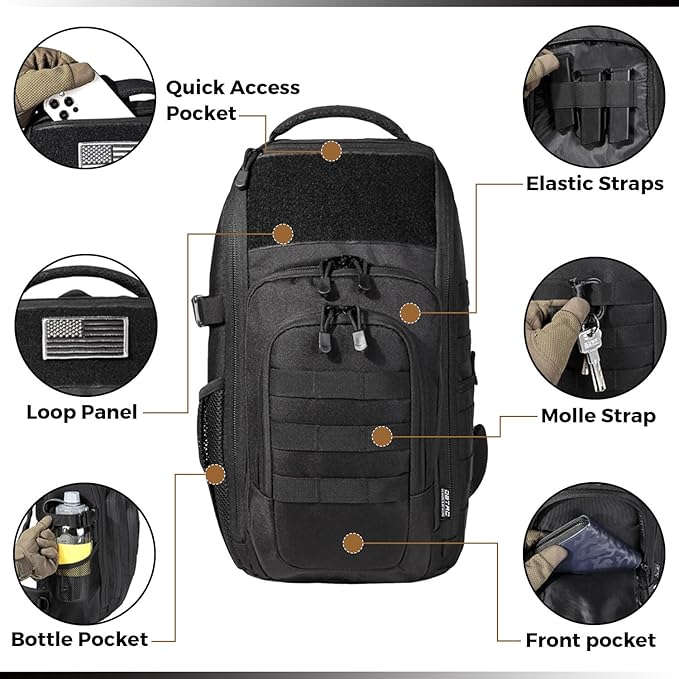 DBTAC Tactical Personal Defense EDC Bags &amp Packs | 10L Military Shoulder Backpack with Sling for Concealed Carry Range Travel Hiking Outdoor Sports (Black)