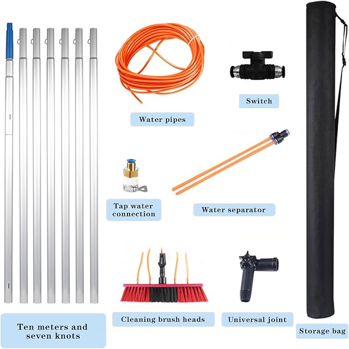 40FT Water Fed Pole Kit Adjustable Solar Panel Cleaning Kit Cleaner Tool for Window Glass Roof Outdoor Glass Brush Window Washing Equipment (40FT)