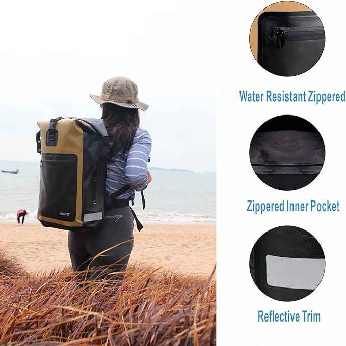 Vogano Waterproof Backpack Waterproof Bag Dry Bags 30L Roll Top Closure Travel Bags For Kayaking Camping Boating Hiking Beach (Khaki)
