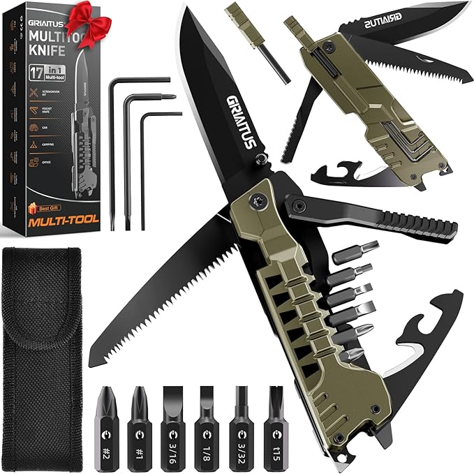 Multitool Knife 17 in 1 Pocket Knife with Screwdriver Fire Starter Sticks Bottle Opener Saw Whistle Nylon Sheath EDC Gear for Survival Camping Hiking Outdoor Gifts for Dad - Desert Gray