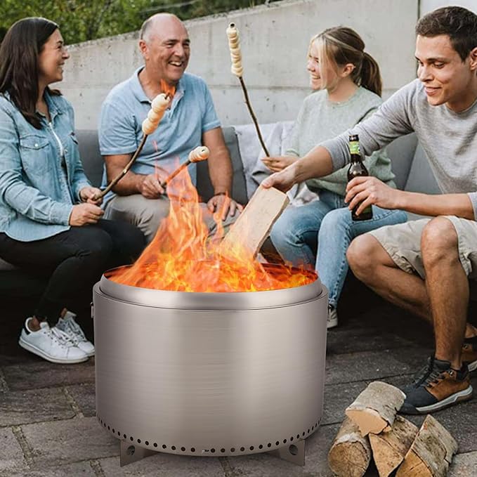27 in Smokeless Fire Pit with Air Switch Wood Burning Portable Stainless Steel Outdoor Firepit with Removable Stand &amp Stove Hook Ash Pan for Camping Backyard Patio Picnic H: 20 in 35 LBS