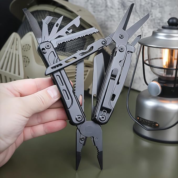 Multitools 20-in-1 Full-Size Lightweight EDC Multi-Purpose PliersWith Safety Locking Knife Tactical Gear Tools Men Gift Ideas Equipment for Emergencies Hiking and Outdoor Camping (Black)