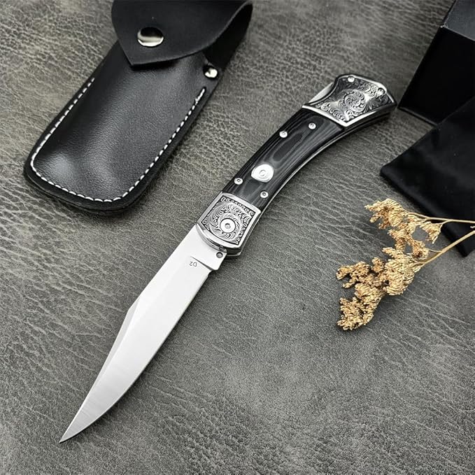 3.35'' High Hardness D2 Steel Blade Mikata Handle Outdoor Pocket Folding Knife Camping Rescue Self Defense Tactical Tool with Leather Sheath