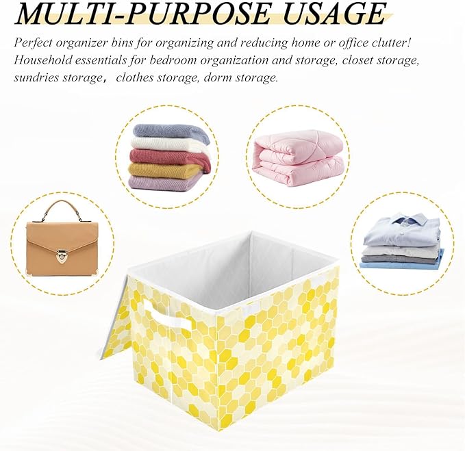 susiyo Large Foldable Storage Bin with Flip-Top Lid Yellow Bee Honeycomb Storage Box Collapsible Closet Organizer Containers Boxes Decorative Baskets with Handles for Home Bedroom Living Room Office