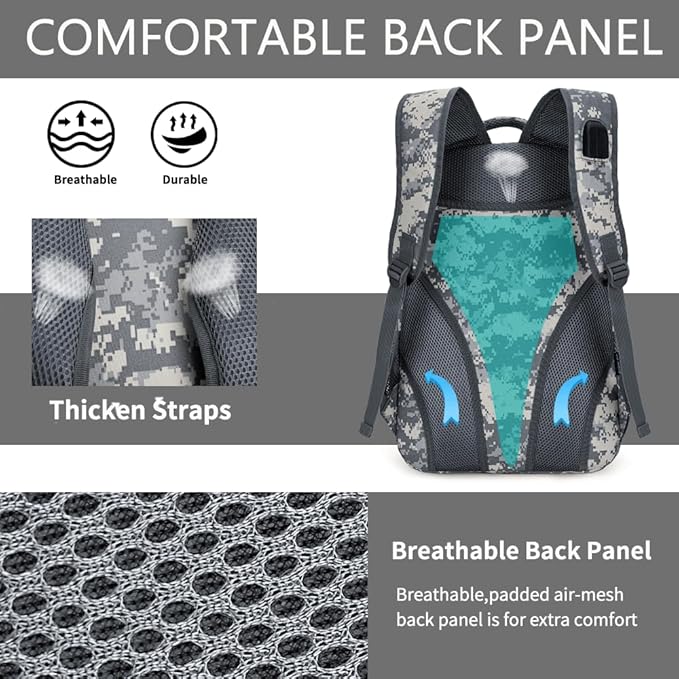 outdoor plus Camo BackpackMilitary Boys Backpacks for School40L Army Bookbag with USB Charging Port Waterproof