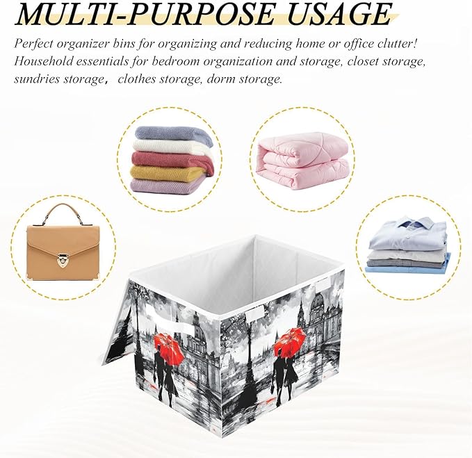 Romantic Woman Art Large Linen Storage Bins with Lid &amp Handle Foldable Storage Cubes Organizer Box Basket with Flip-Top Lid for Home Office 16.5” x 12.6” x 11.8”