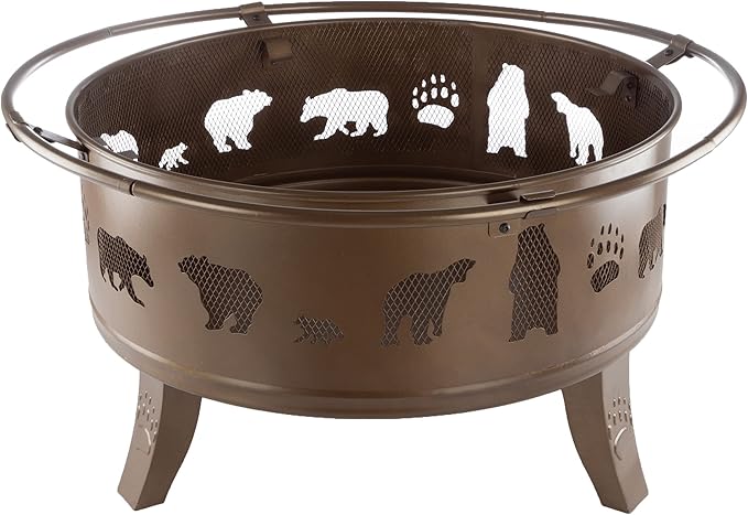 Pure Garden 50-LG1202 32” Outdoor Deep Fire Pit-Round Large Steel Bowl with Bear Cutouts Mesh Spark Screen Log Poker &amp Storage Cover-Patio Wood Burning Antique Gold