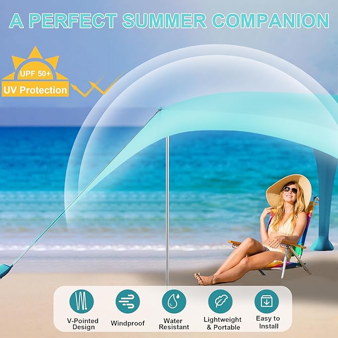 Beach Tent Sun Shelter UPF50+ with Sandbags Sand Shovel &amp Windproof Poles - Portable Pop Up Canopy for Beach Camping Picnics Backyard &amp Fishing (Cyan10x10FT)