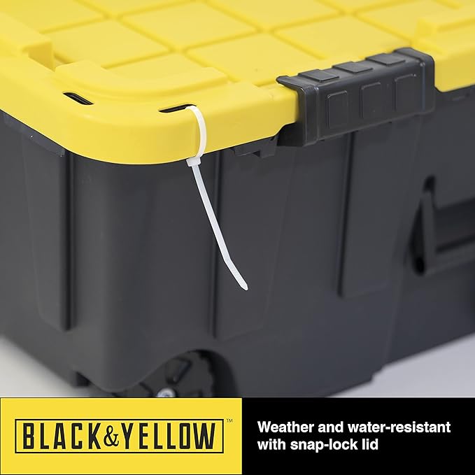 CX BLACK &amp YELLOW 20-Gallon Heavy Duty Tough Storage Footlocker &amp Snap-Tight Lid (13.4H x 18.2W x 32.3D) Weather-Resistant Design and Stackable Organization Tote [2 Pack]