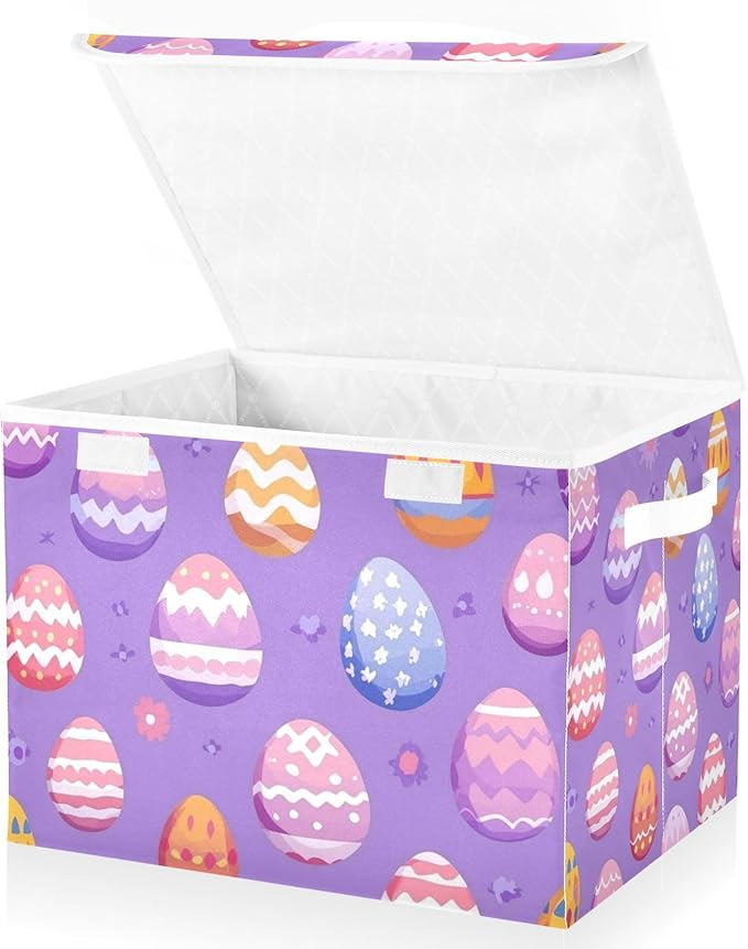 Collapsible Storage Bins with Lids Decorative Fabric Storage Cubes Closet Organizer and Storage Basket Boxes Containers for Clothes Box Chest Nursery Folding Rectangle Purple Easter Eggs