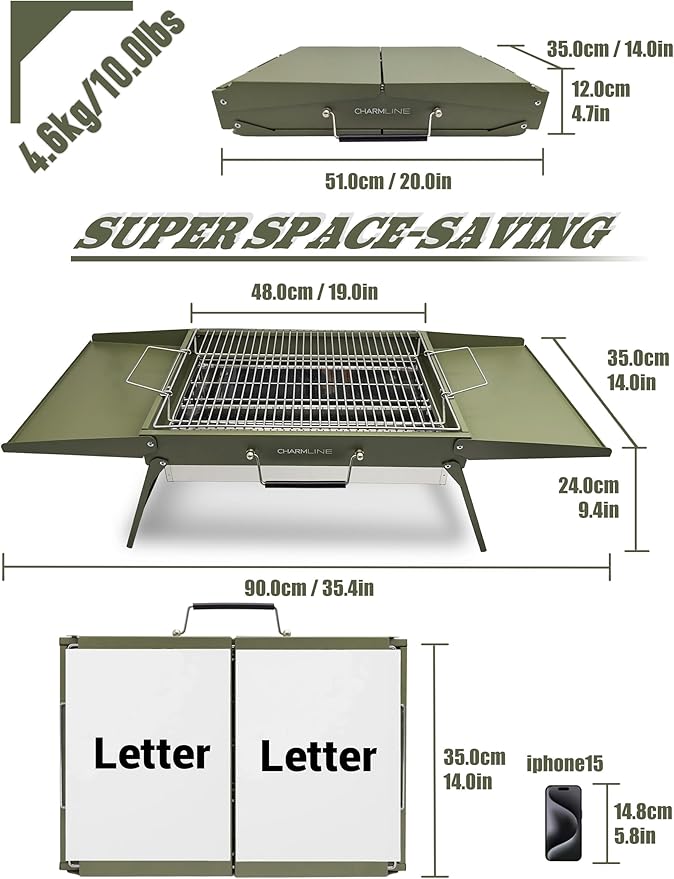 Charmline 20 x 14 inches Large Foldable Portable Charcoal BBQ Grill Camping BBQ Grill for 3–5 People Ideal for Camping Garden Beach Picnic &amp Tabletop Use Green