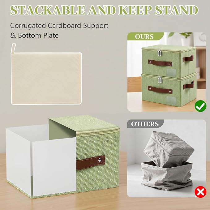 Lucky Monet 3PCS Storage Bins with Zipper Lids 15x10x10 Foldable Lidded Fabric Storage Boxes Baskets Cotton Linen Closet Shelf Clothes Organizer with Handles &amp Label Pocket (Green Large)