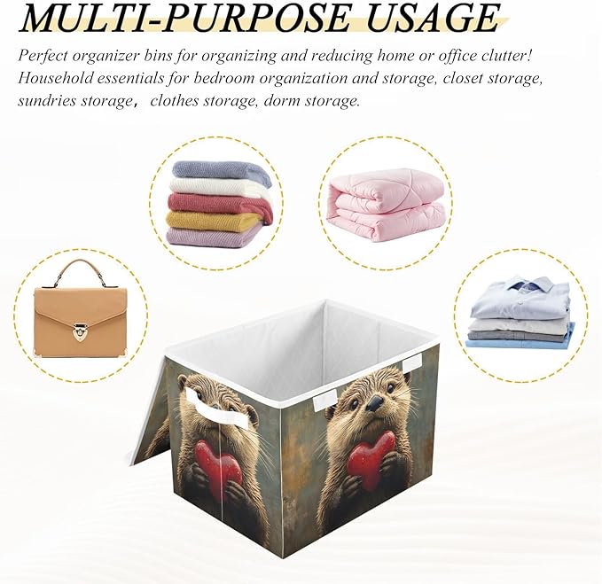 AIXIWAWA Lidded Storage Cube (Otter Love Heart) Fabric Foldable Closet Bins with Flip Lid and Handles Organizer Basket Container 16.5 x 12.6 x 11.8 IN