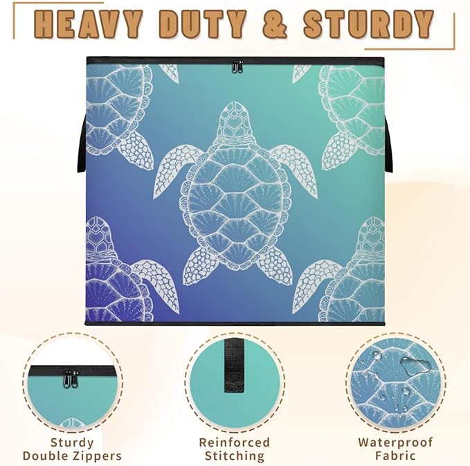 Large Sea Turtles Storage Bags with Lid XL Blanket Clothes Storage Bins Foldable Organizers Storage Containers with Handle for Comforters Bed Sheets Pillows Sea Animal Turtle