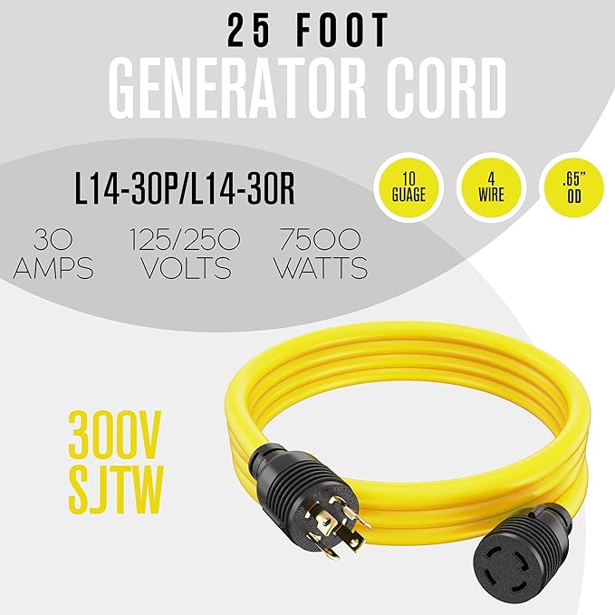 Houseables 30 Amp Generator Cord Generator Cord NEMA L14-30P to L14-30R 30 Amp Extension Cable 125/250V for 240V Use 240 Volt 30amp Power Wire 4 Prong Plug Dryer UL CUL 10 Gauge 7500W 25FT