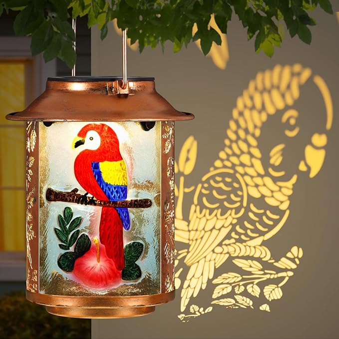 Parrot Solar Lanterns Outdoor WaterproofBirthday Gifts for Women Mom Grandma Garden DecorHanging Solar Lights Wall Mount Decorations for YardFront PorchPatioLawn Pathway Landscape