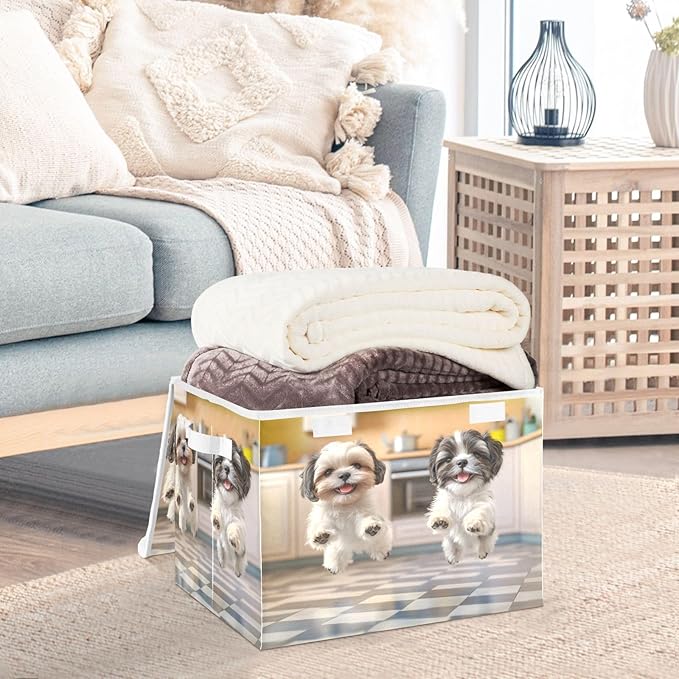 AIXIWAWA Lidded Storage Cube (Jumping Puppy) Fabric Foldable Closet Bins with Flip Lid and Handles Organizer Basket Container 16.5 x 12.6 x 11.8 IN