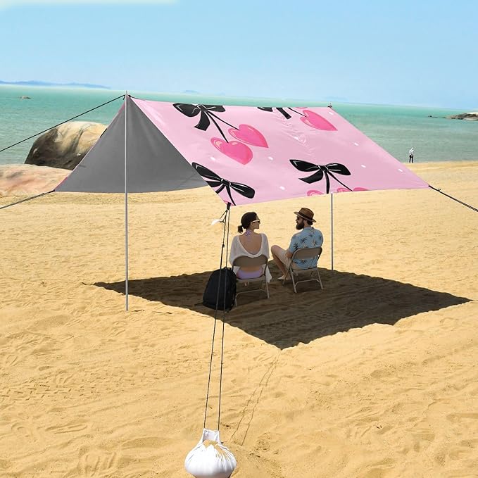 ALAZA Black Bow Pink Heart Beach Tent Sun Shelter Portable Canopy Sunshade for Outdoor Camping Picnics Backyard Fun 10x9 ft